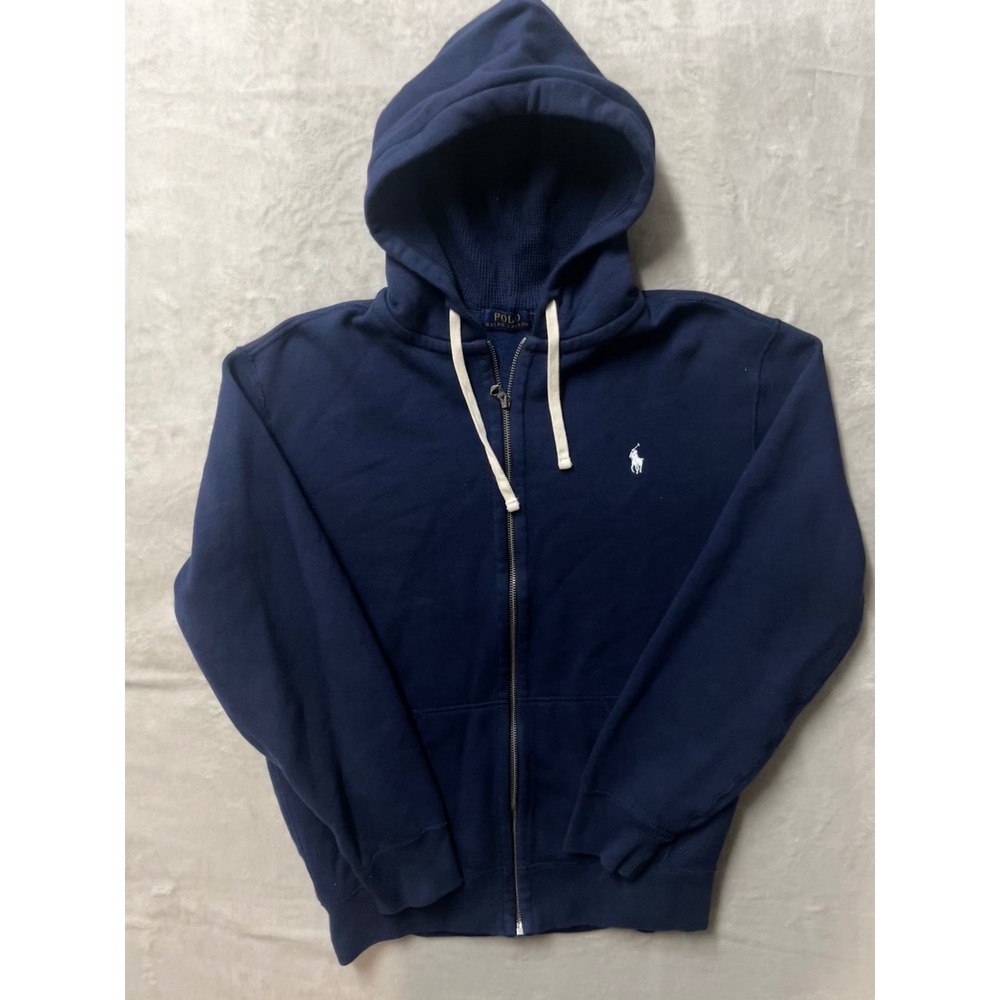 Polo Ralph Lauren Mens XL Navy Blue Full Zip Waffle Lined Hoodie White Pony Logo